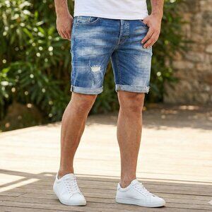 Zara Men's Blue Jean Shorts with Distressed Raw Hem